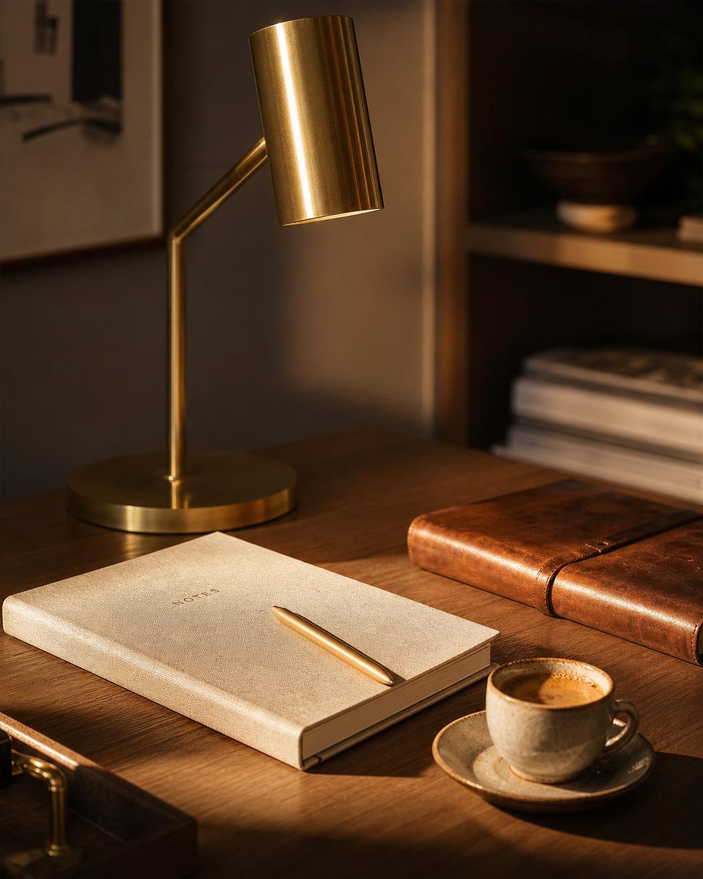 Warm executive desk detail with brass lamp, leather journal, notebook and espresso in golden light
